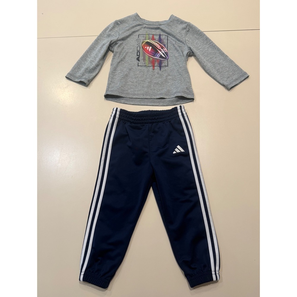Adidas Toddler Boys 18M Football Graphic Shirt and Navy 3-Stripe Pants Set